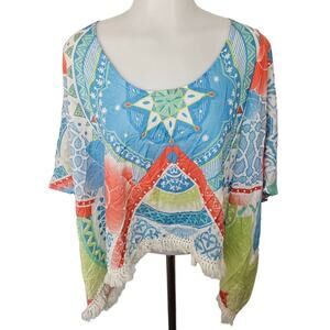Rusty Multicolor Boho Floral Fringe Edge Boxy Fit Beach Coverup Top Small Medium